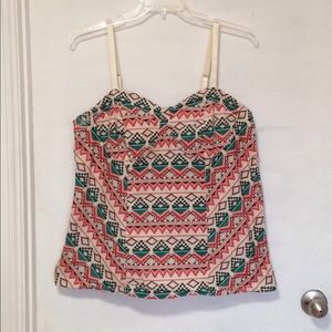 Corset style fitted tank with coral & green print